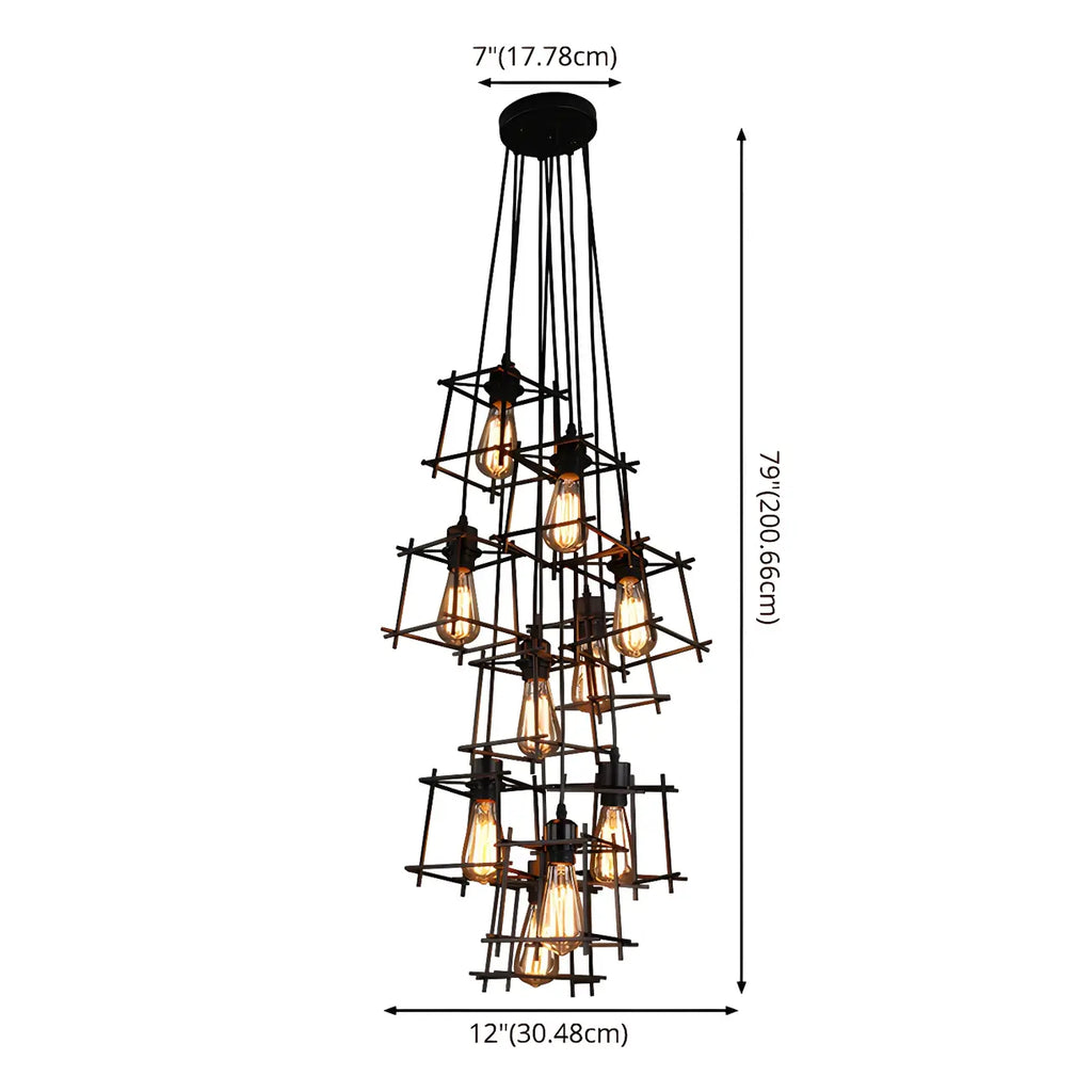 Grand lustre suspendu industriel noir à 10 lumières avec cage