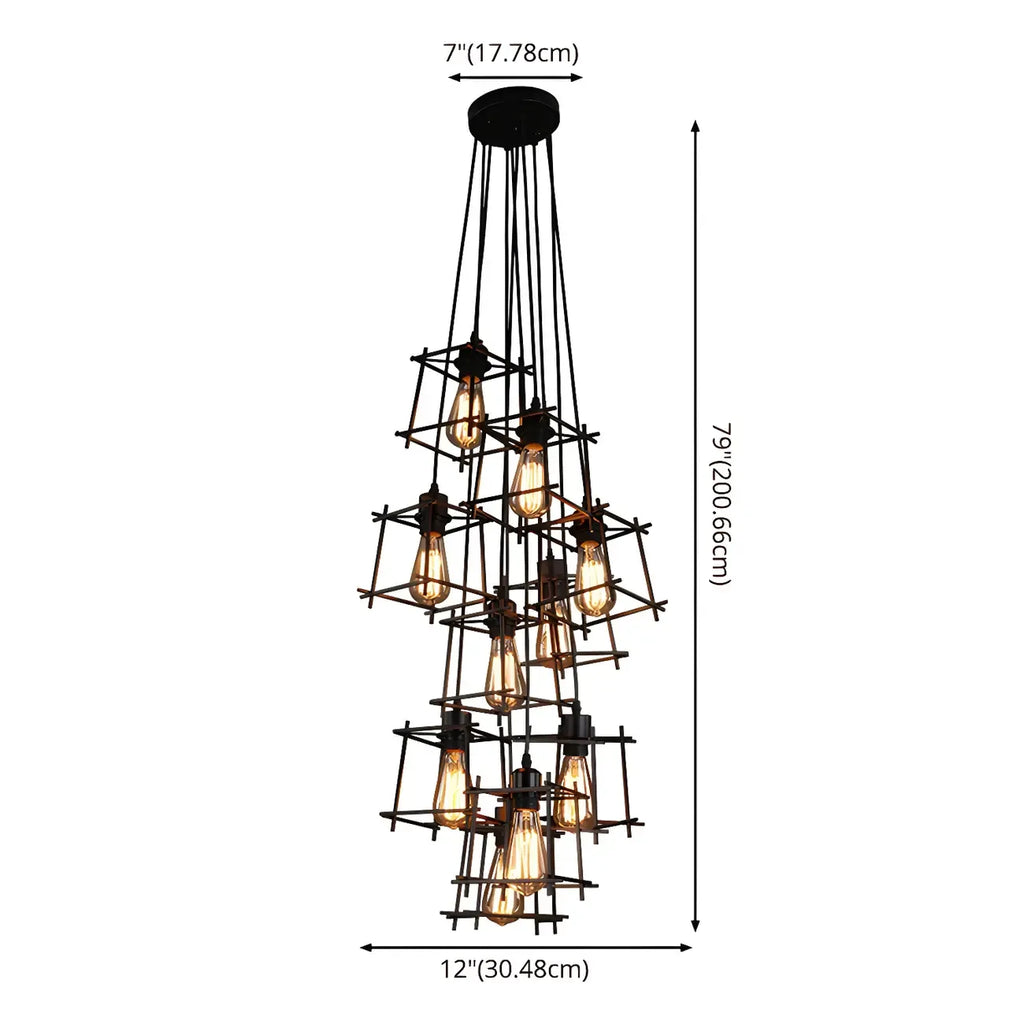 Grand lustre suspendu industriel noir à 10 lumières avec cage
