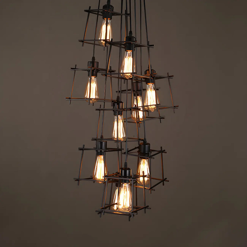 Grand lustre suspendu industriel noir à 10 lumières avec cage