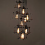 Grand lustre suspendu industriel noir à 10 lumières avec cage