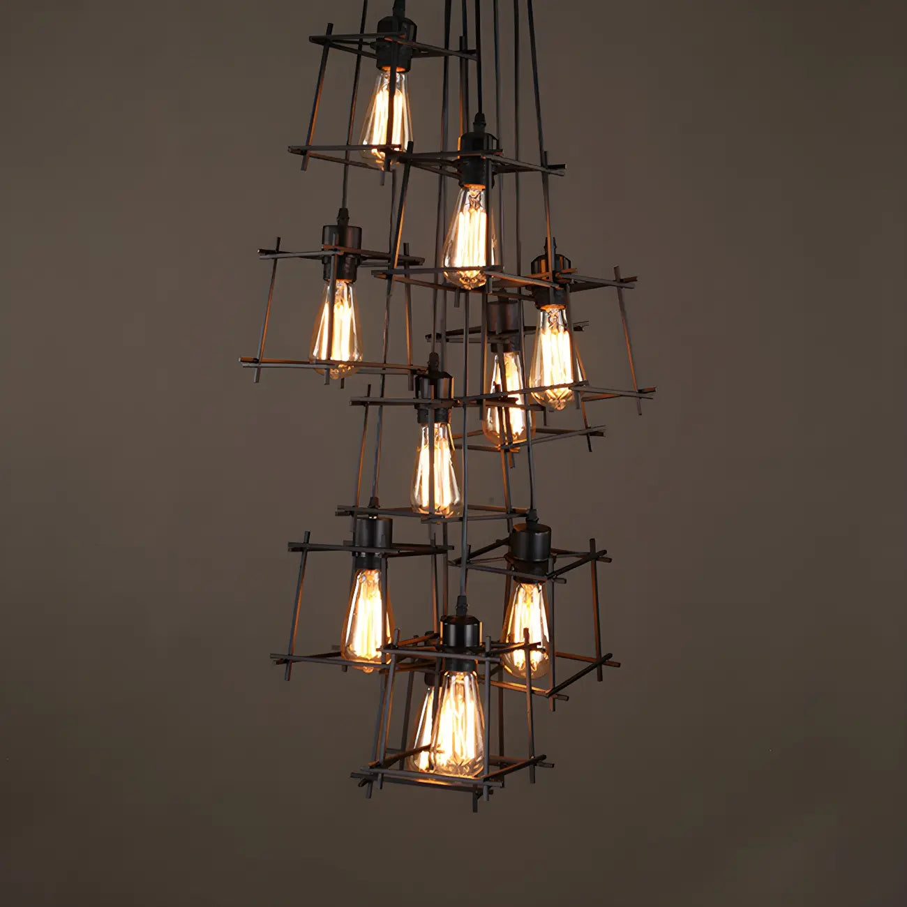 Grand lustre suspendu industriel noir à 10 lumières avec cage