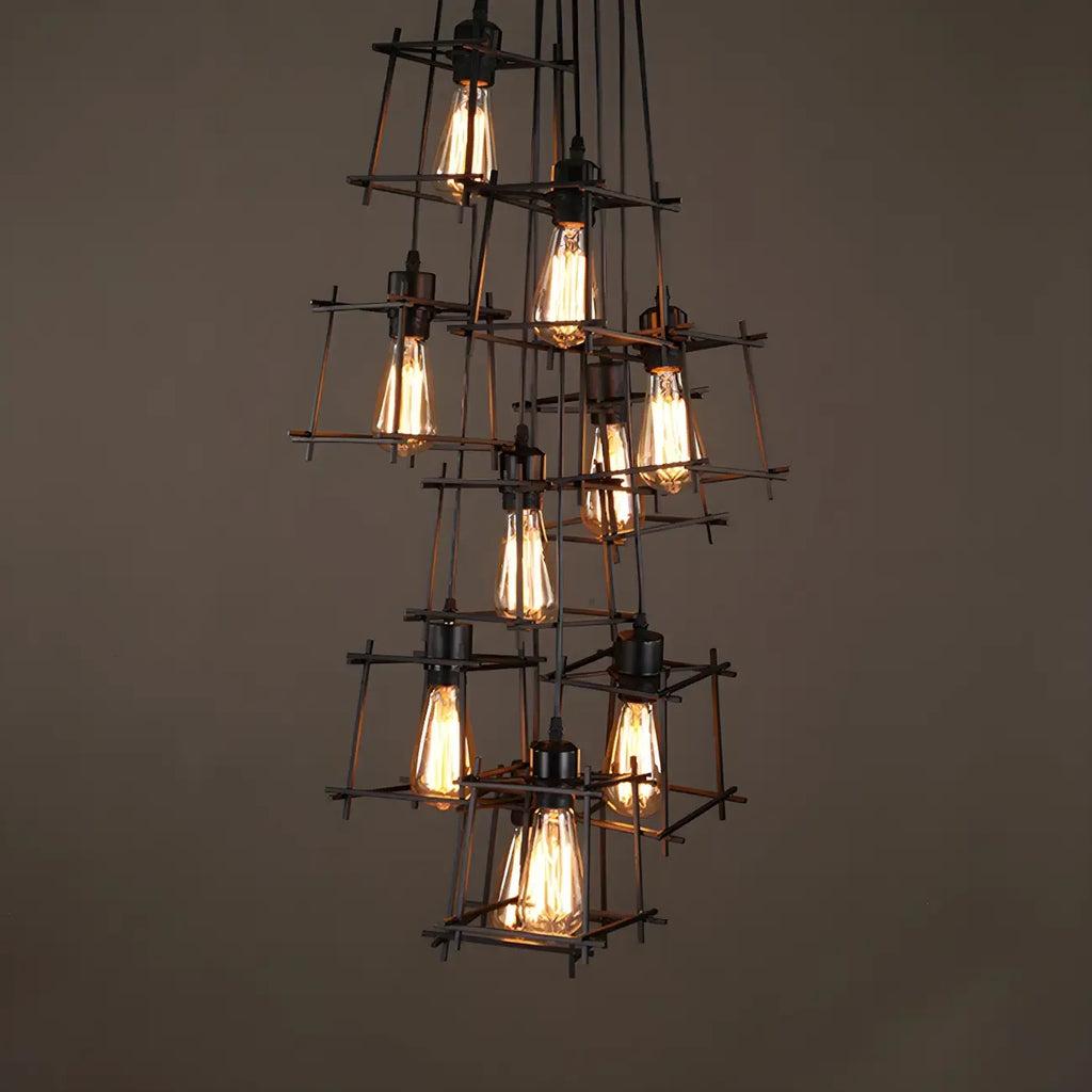 Grand lustre suspendu industriel noir à 10 lumières avec cage