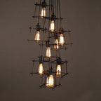 Grand lustre suspendu industriel noir à 10 lumières avec cage