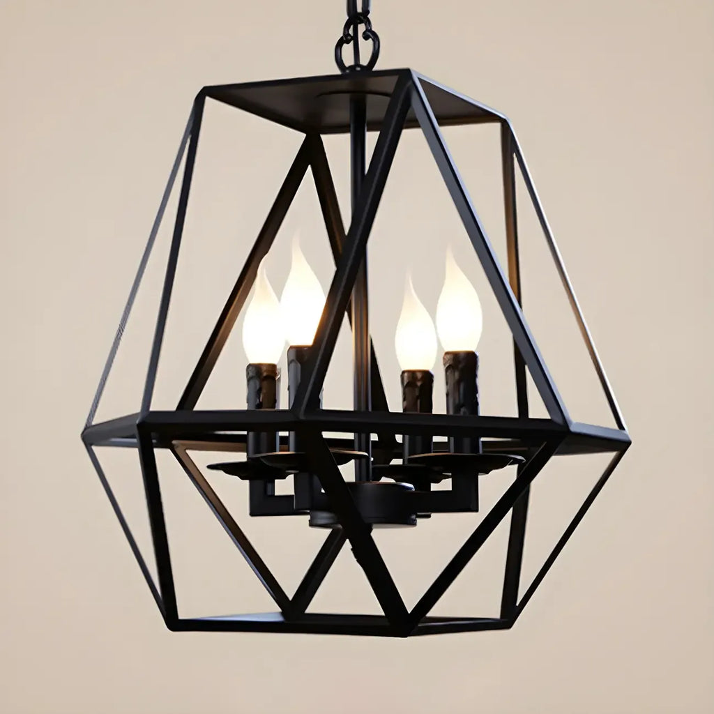 Lustre moderne à structure géométrique en fer noir