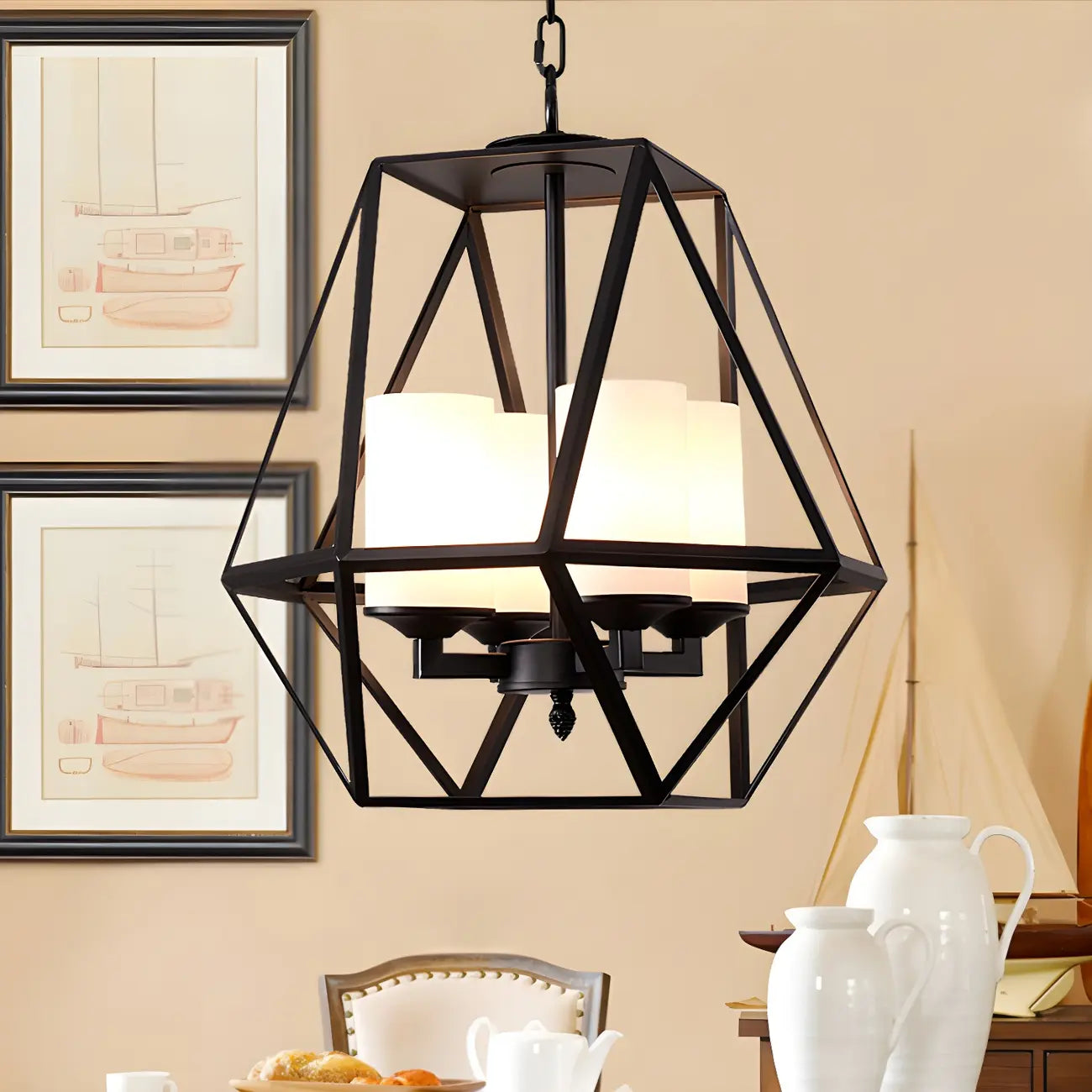 Lustre moderne à structure géométrique en fer noir