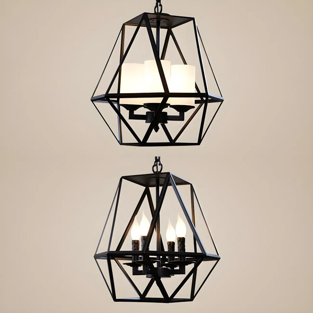 Lustre moderne à structure géométrique en fer noir