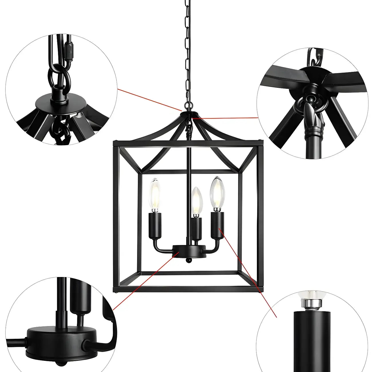 Lustre suspendu de cuisine carré industriel en métal noir avec cage