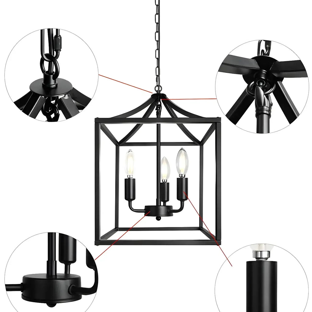 Lustre suspendu de cuisine carré industriel en métal noir avec cage