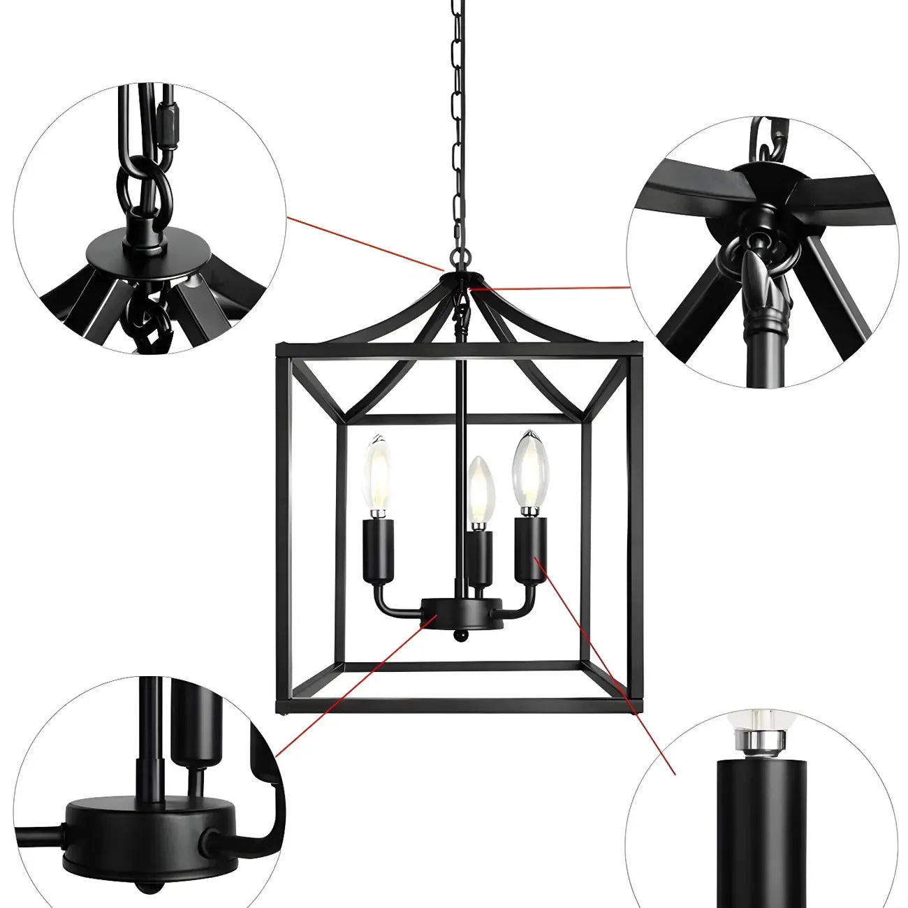 Lustre suspendu de cuisine carré industriel en métal noir avec cage