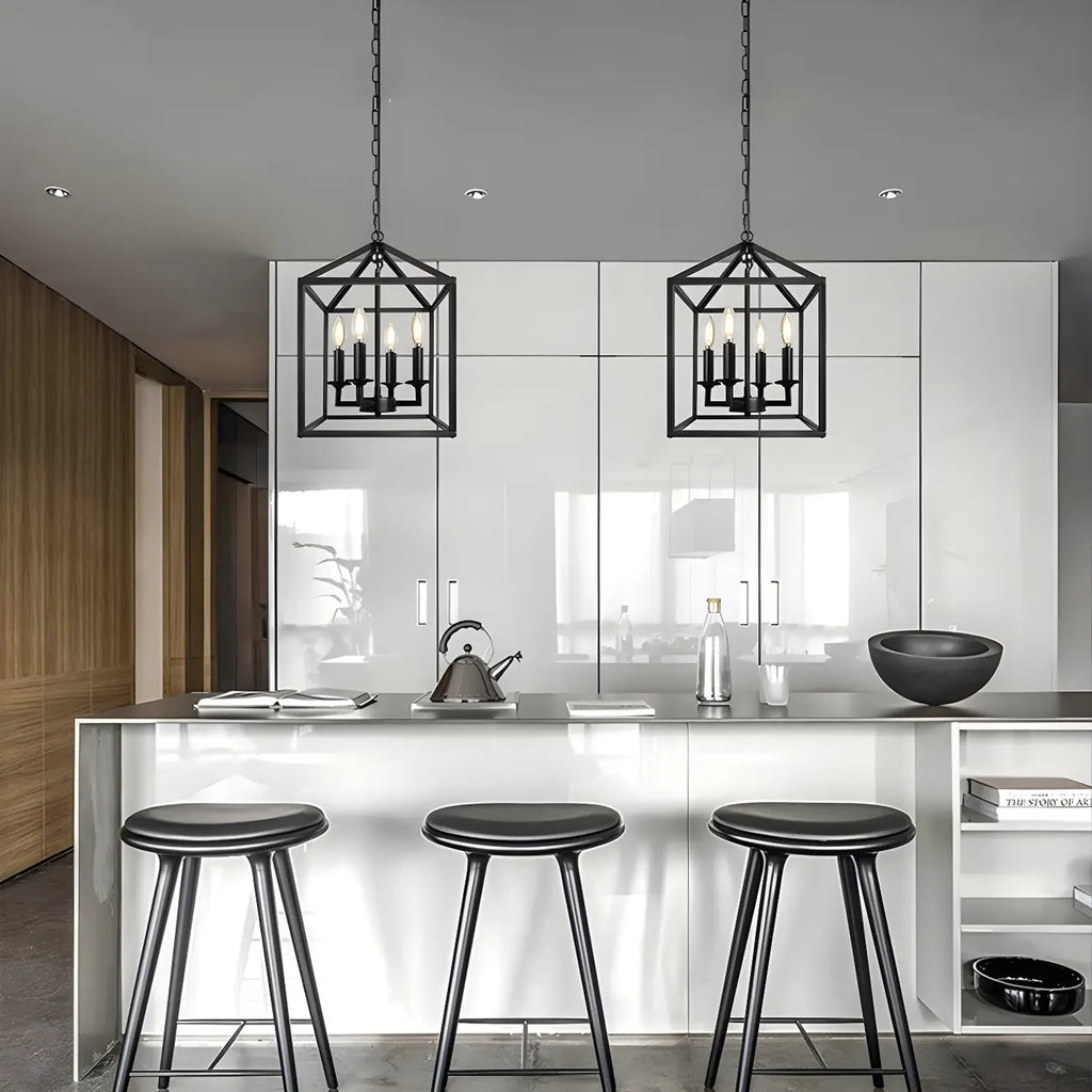 Lustre suspendu de cuisine carré industriel en métal noir avec cage
