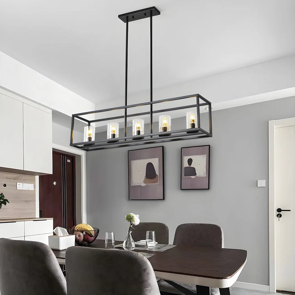 Lampada a sospensione a isola da cucina con 5 luci in vetro nero e stile industriale