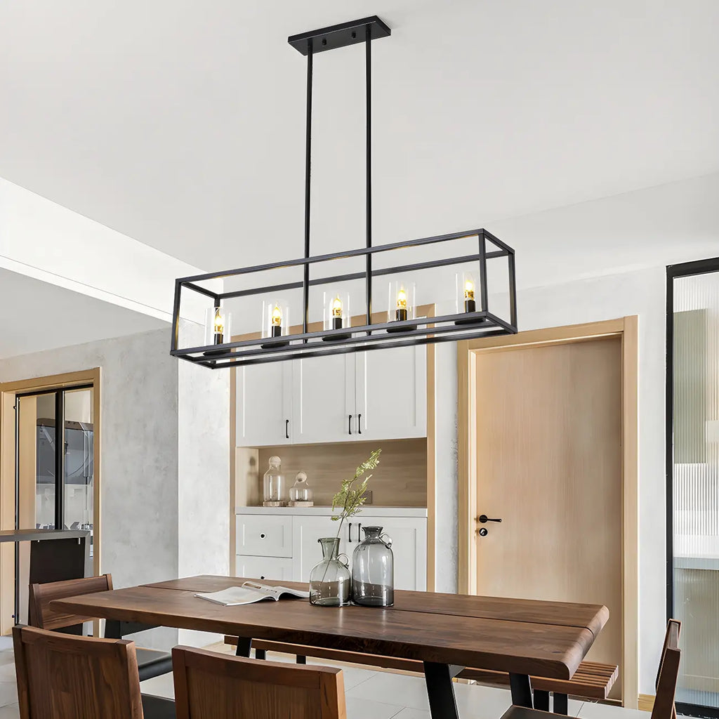 Lampada a sospensione a isola da cucina con 5 luci in vetro nero e stile industriale
