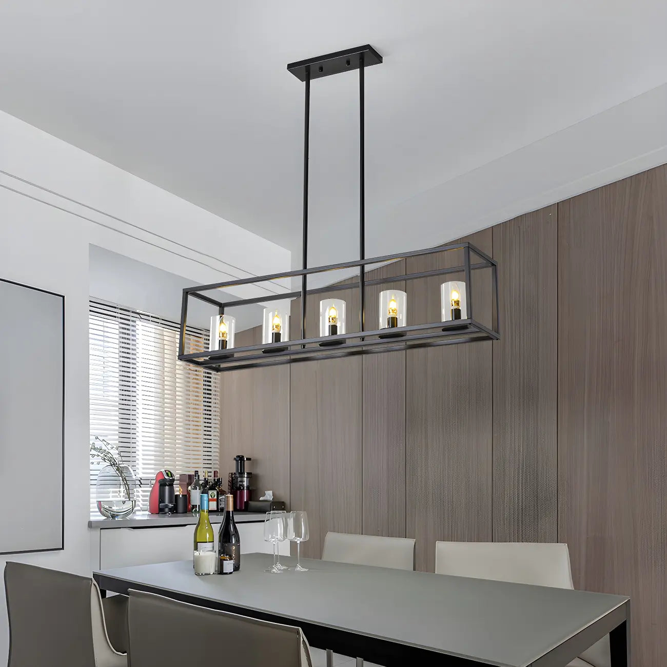 Lampada a sospensione a isola da cucina con 5 luci in vetro nero e stile industriale