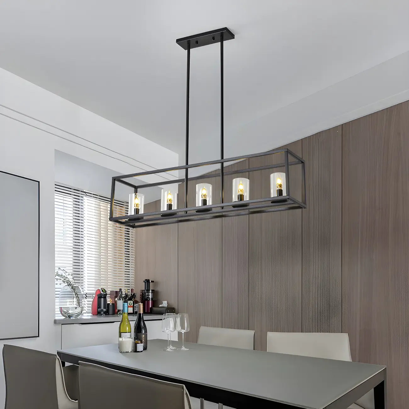 Lampada a sospensione a isola da cucina con 5 luci in vetro nero e stile industriale