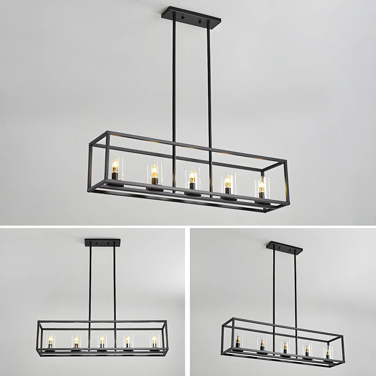 Lampada a sospensione a isola da cucina con 5 luci in vetro nero e stile industriale