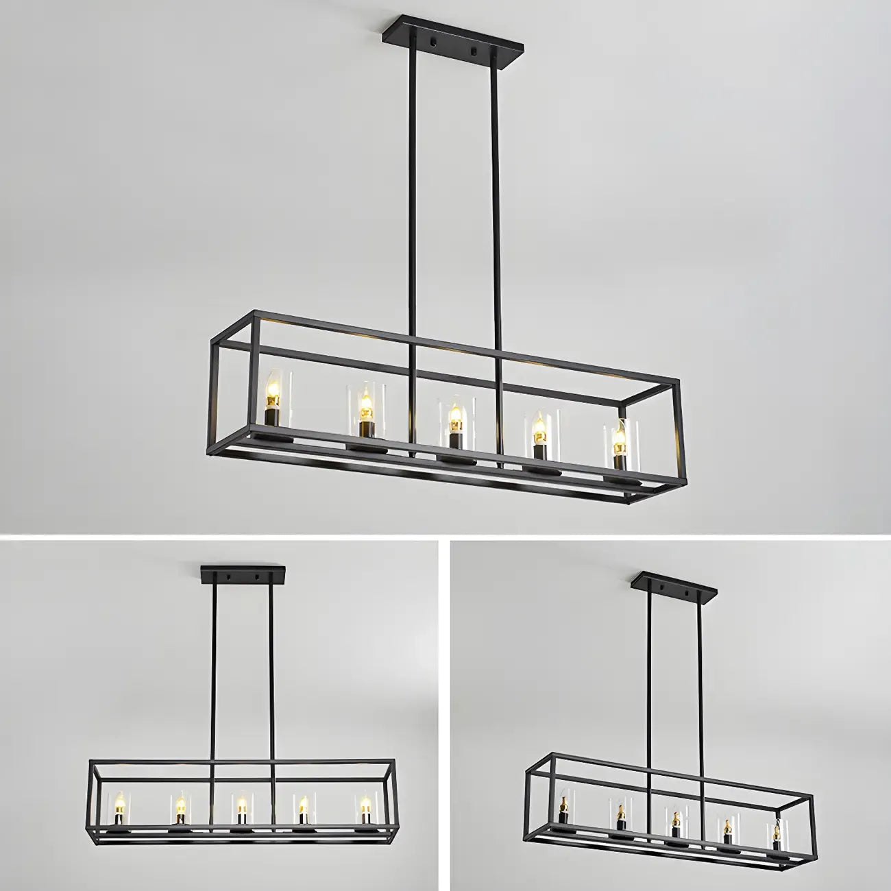 Lampada a sospensione a isola da cucina con 5 luci in vetro nero e stile industriale