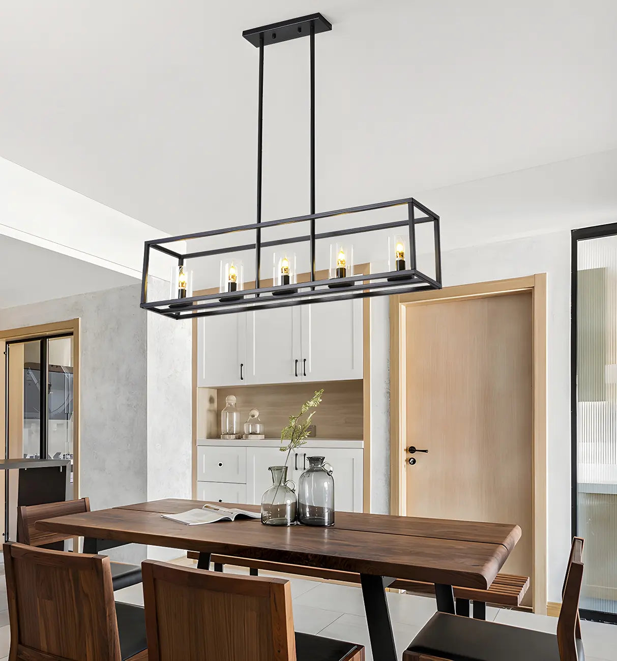 Lampada a sospensione a isola da cucina con 5 luci in vetro nero e stile industriale