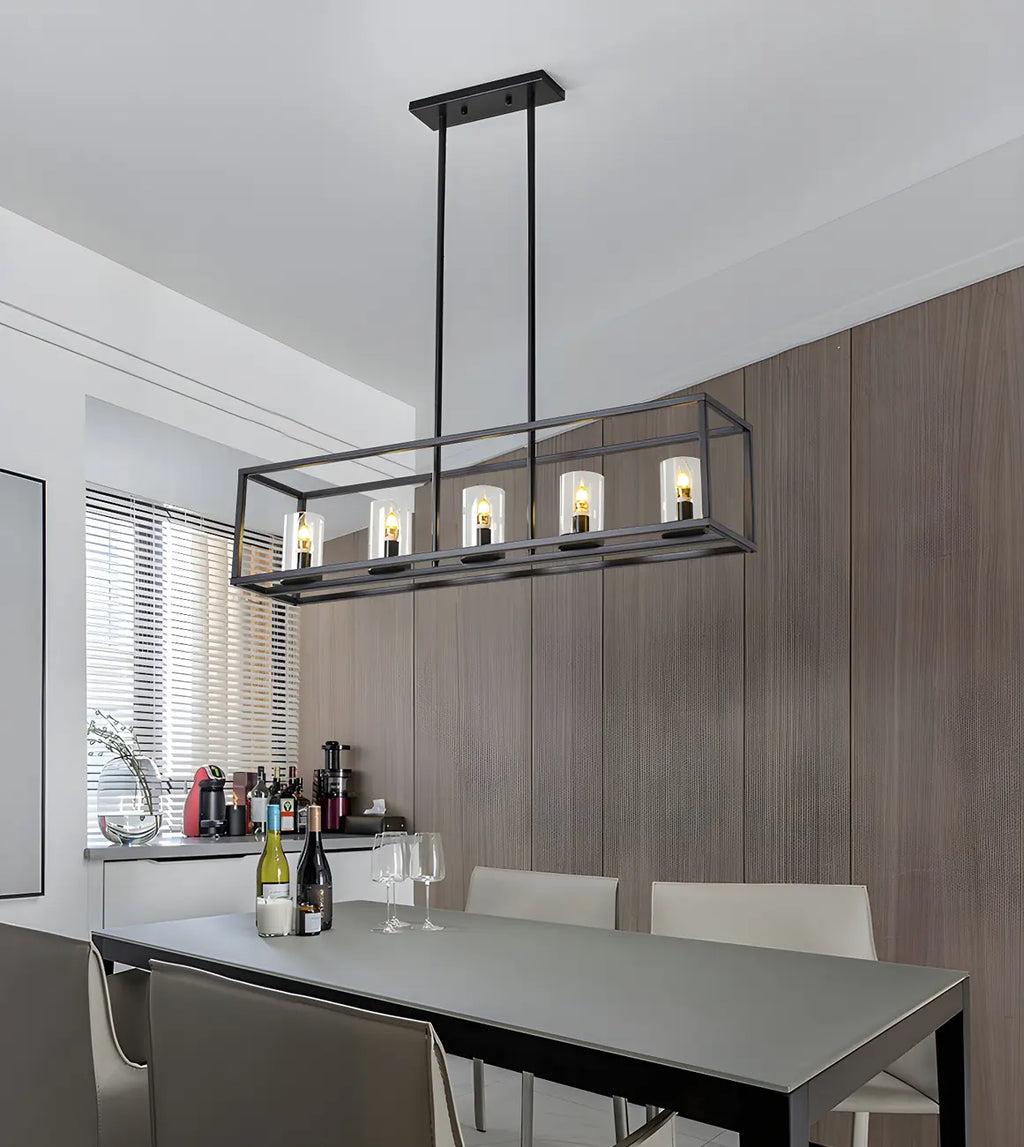 Lampada a sospensione a isola da cucina con 5 luci in vetro nero e stile industriale