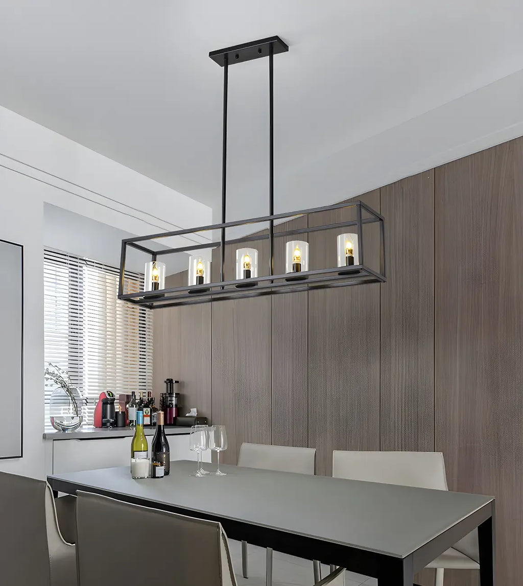 Lampada a sospensione a isola da cucina con 5 luci in vetro nero e stile industriale
