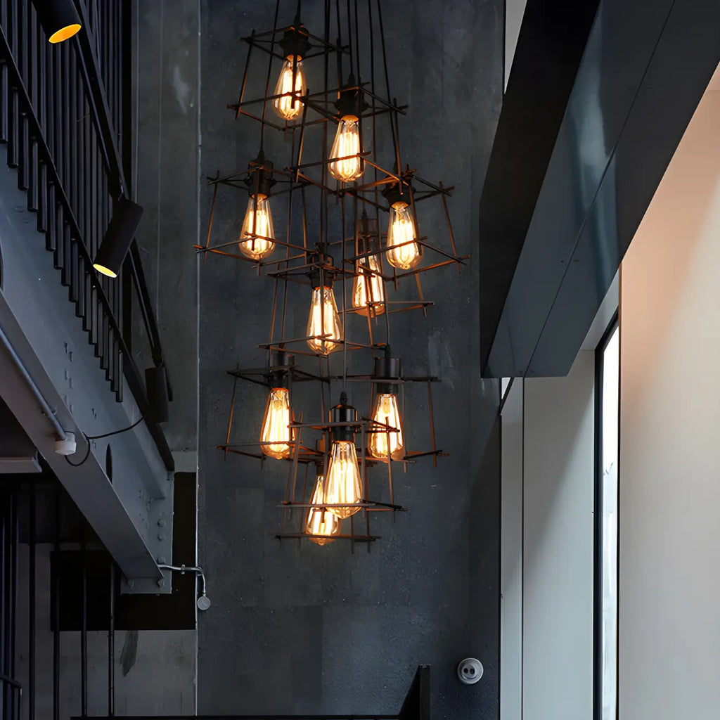 Grand lustre suspendu industriel noir à 10 lumières avec cage