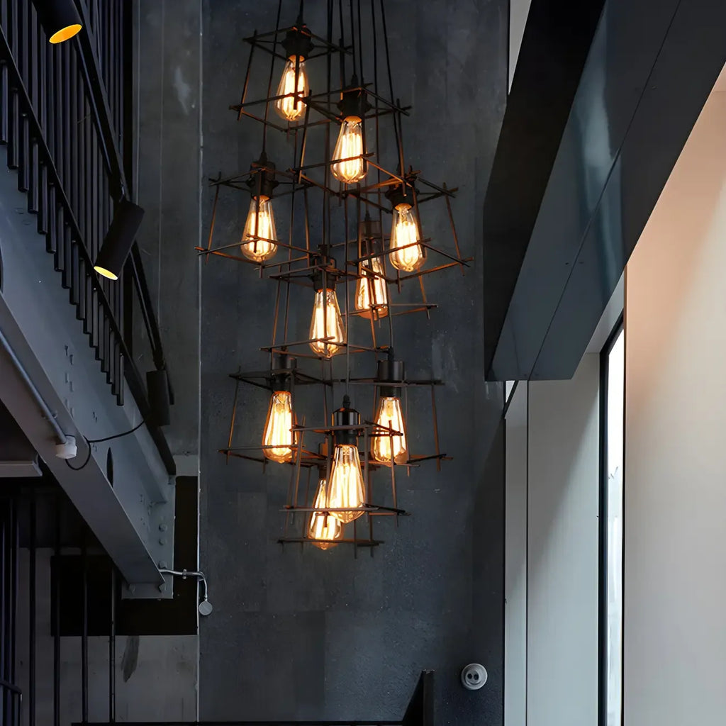 Grand lustre suspendu industriel noir à 10 lumières avec cage