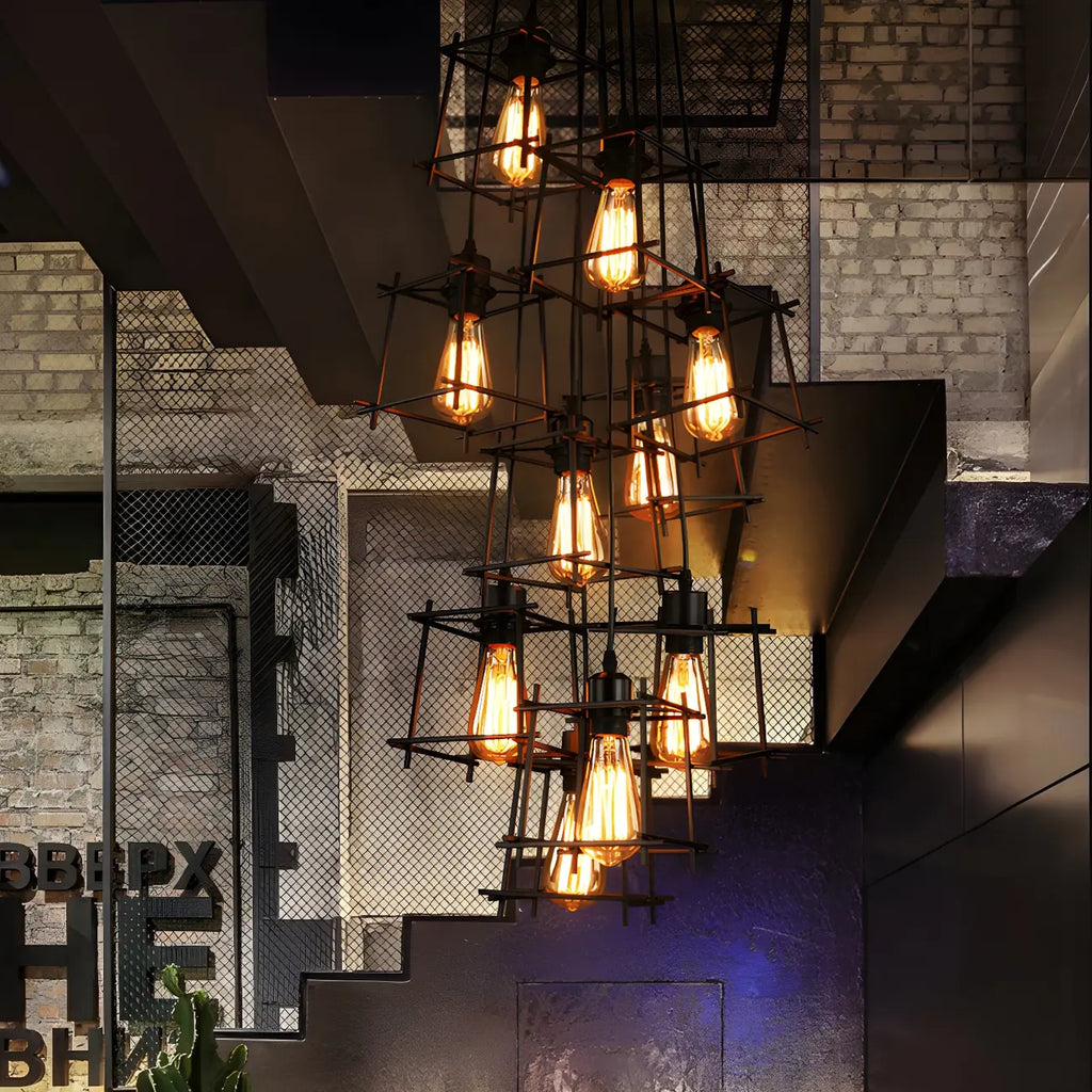 Grand lustre suspendu industriel noir à 10 lumières avec cage