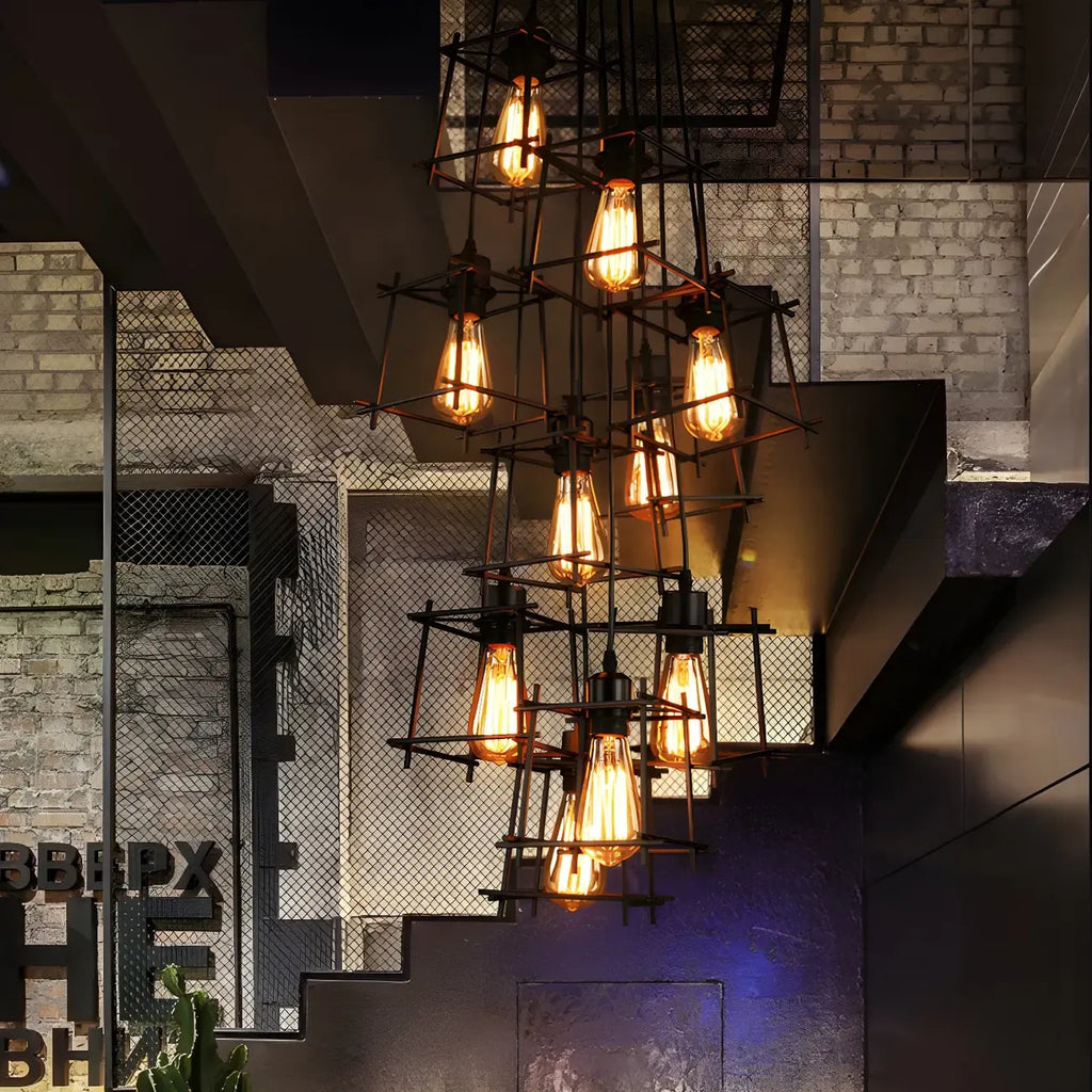Grand lustre suspendu industriel noir à 10 lumières avec cage