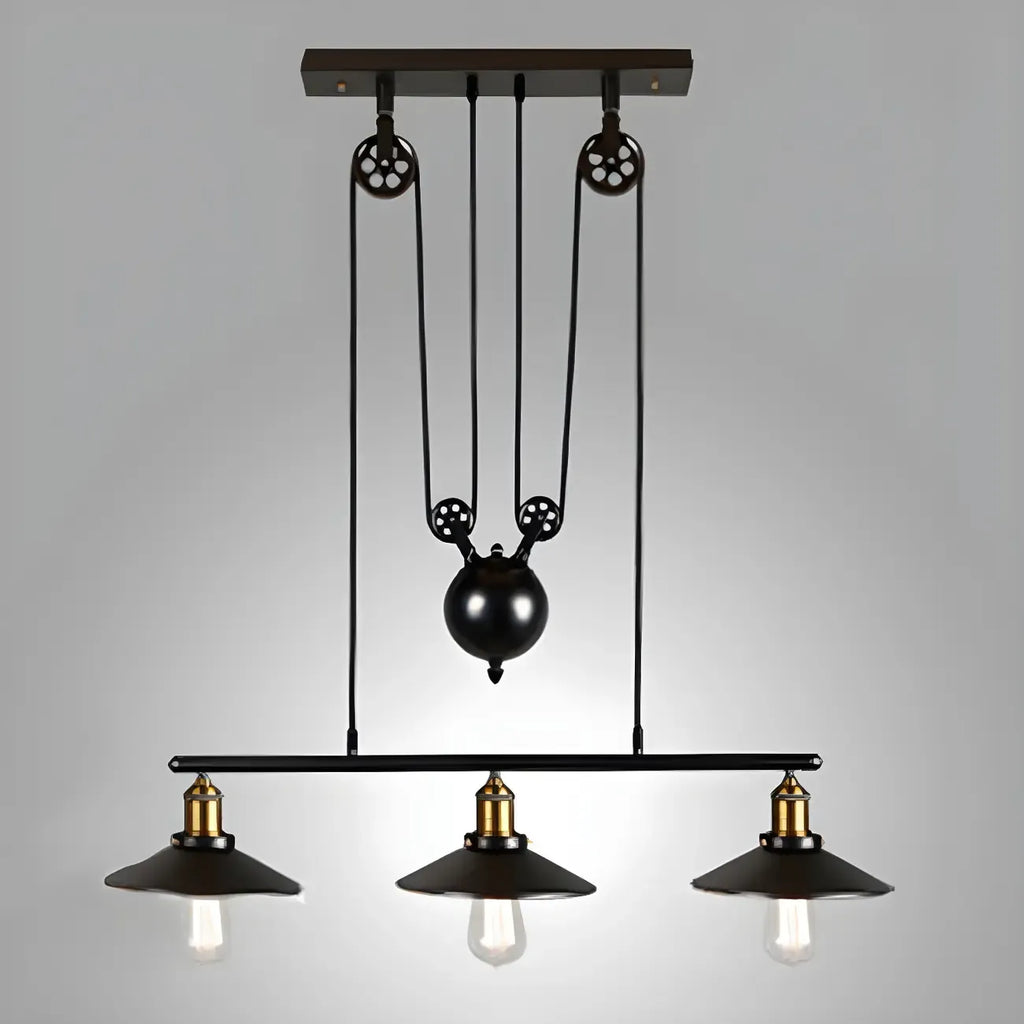 Suspension industrielle en métal noir avec poulie pour cuisine