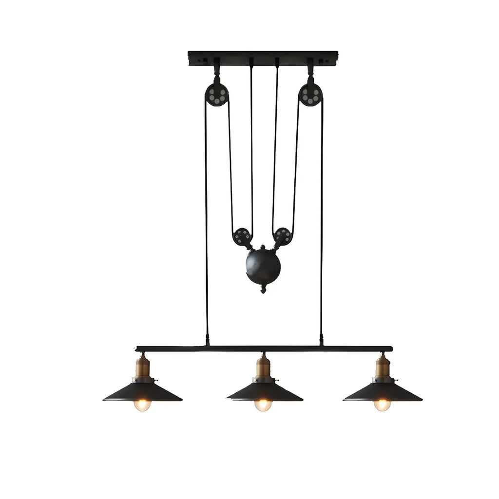 Suspension industrielle en métal noir avec poulie pour cuisine