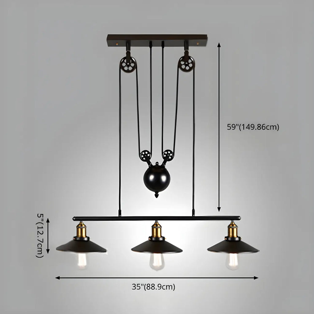 Suspension industrielle en métal noir avec poulie pour cuisine