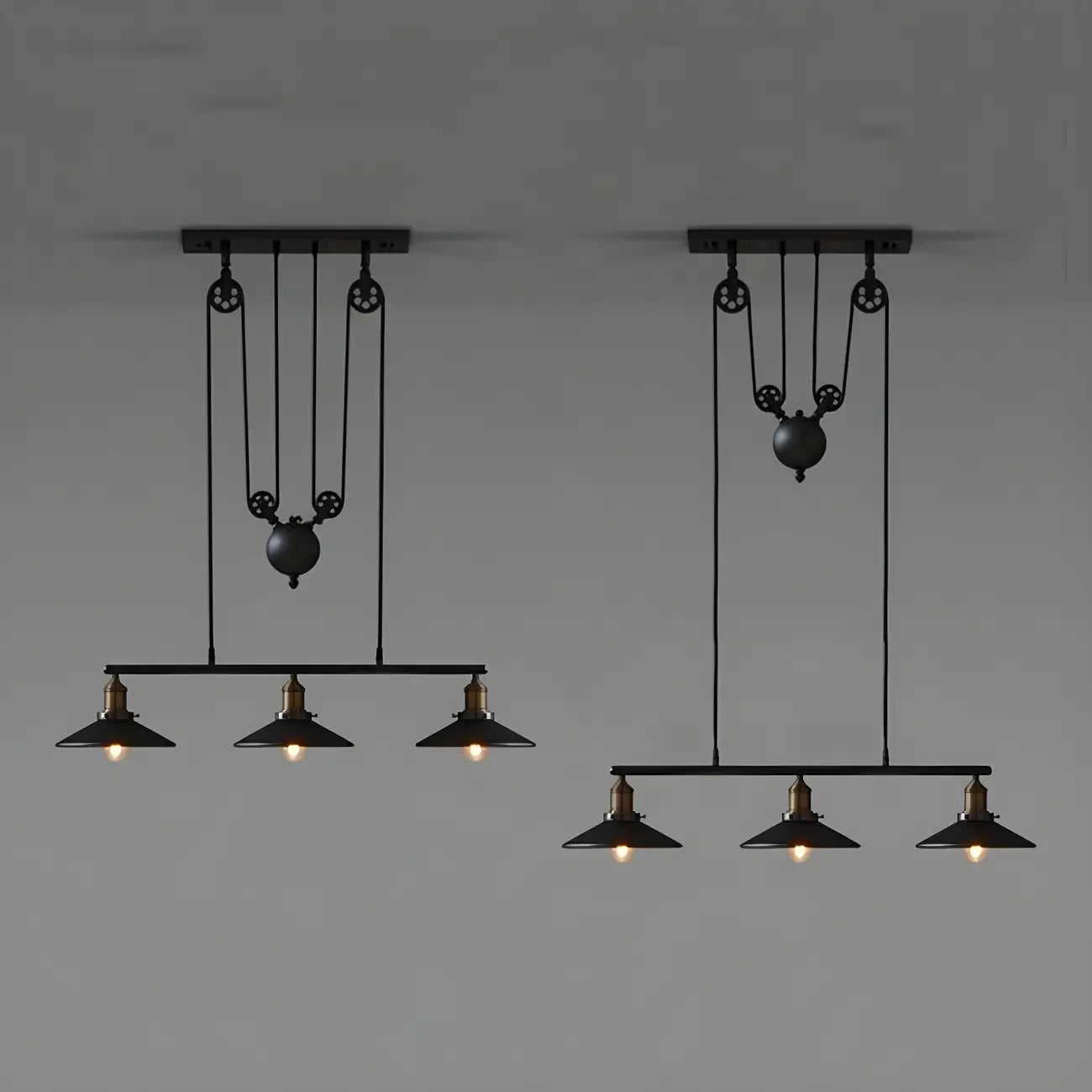 Suspension industrielle en métal noir avec poulie pour cuisine