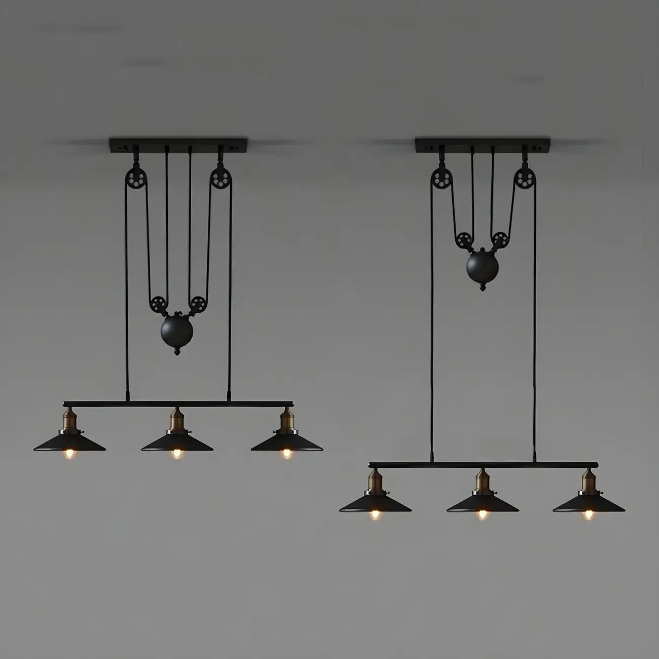 Suspension industrielle en métal noir avec poulie pour cuisine