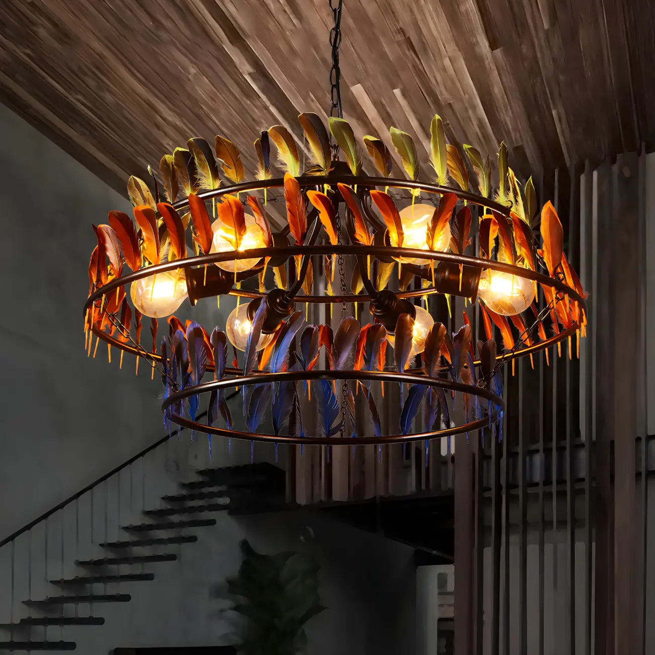 Lampadario Art Déco a cerchio in piuma a 2 livelli con catena regolabile