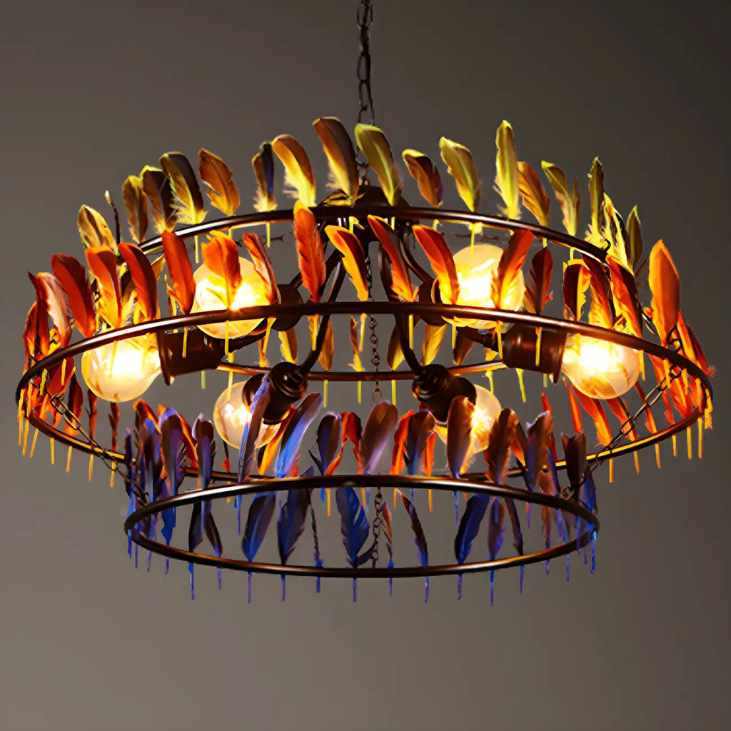Lampadario Art Déco a cerchio in piuma a 2 livelli con catena regolabile