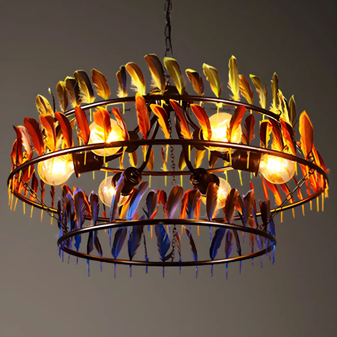 Lampadario Art Déco a cerchio in piuma a 2 livelli con catena regolabile