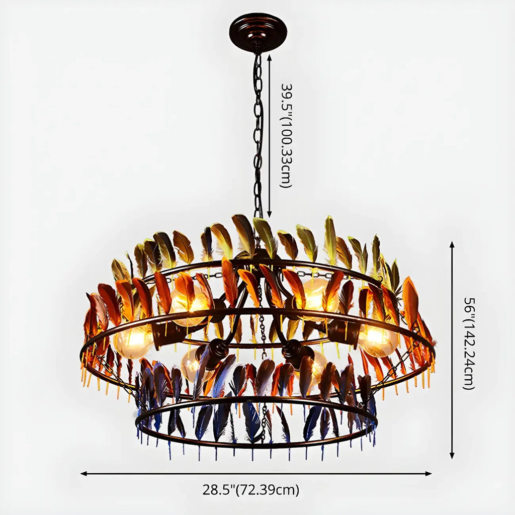 Lampadario Art Déco a cerchio in piuma a 2 livelli con catena regolabile
