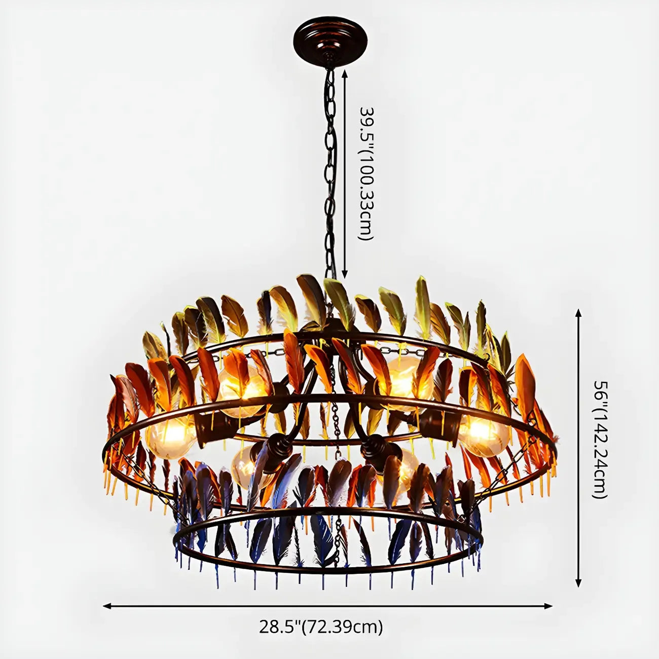 Lampadario Art Déco a cerchio in piuma a 2 livelli con catena regolabile