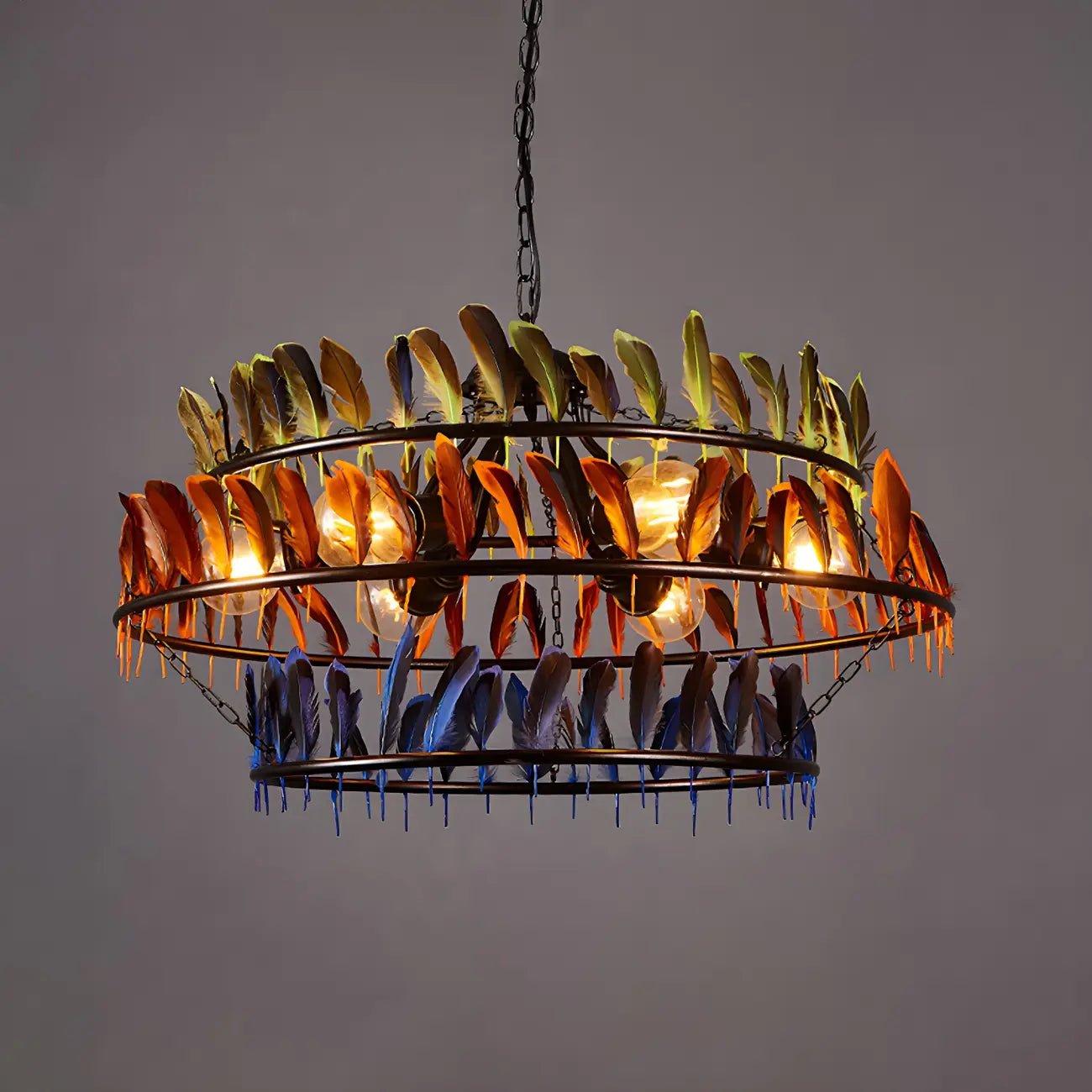 Lampadario Art Déco a cerchio in piuma a 2 livelli con catena regolabile
