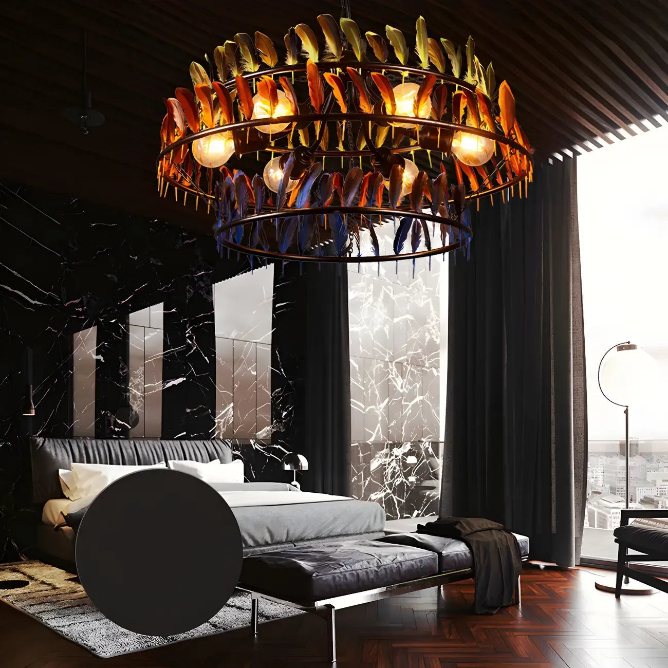 Lampadario Art Déco a cerchio in piuma a 2 livelli con catena regolabile