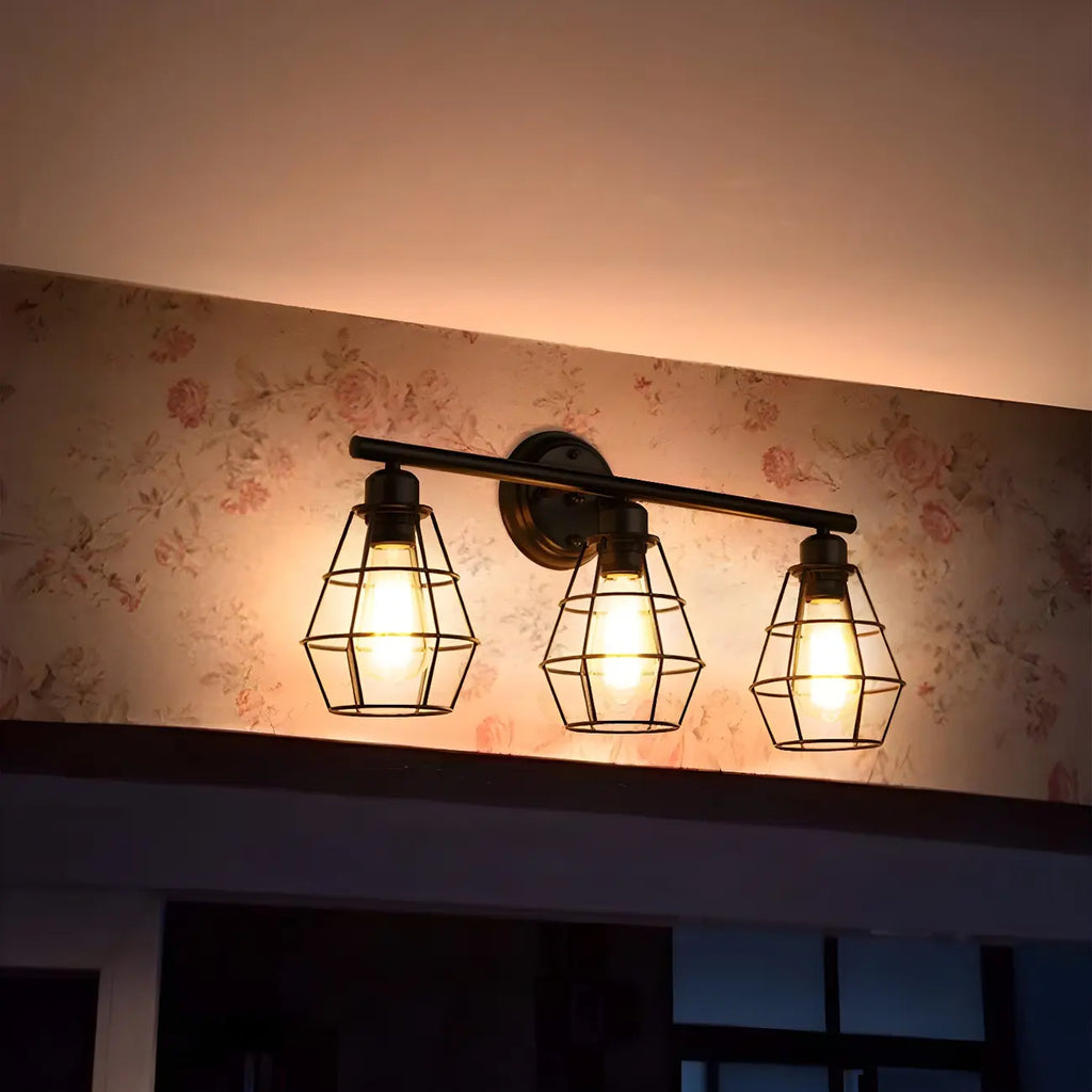 Applique da bagno a LED industriale a 3 luci con gabbia in metallo