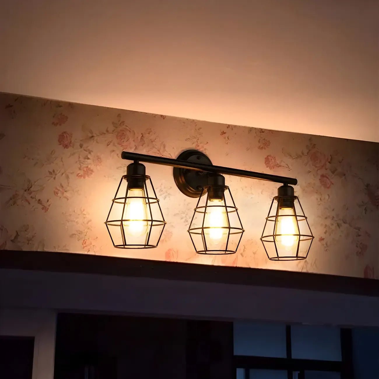 Applique da bagno a LED industriale a 3 luci con gabbia in metallo