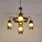 Lustre suspendu vintage réglable en fonte et cuivre, fonctionnant au kérosène, avec verre transparent