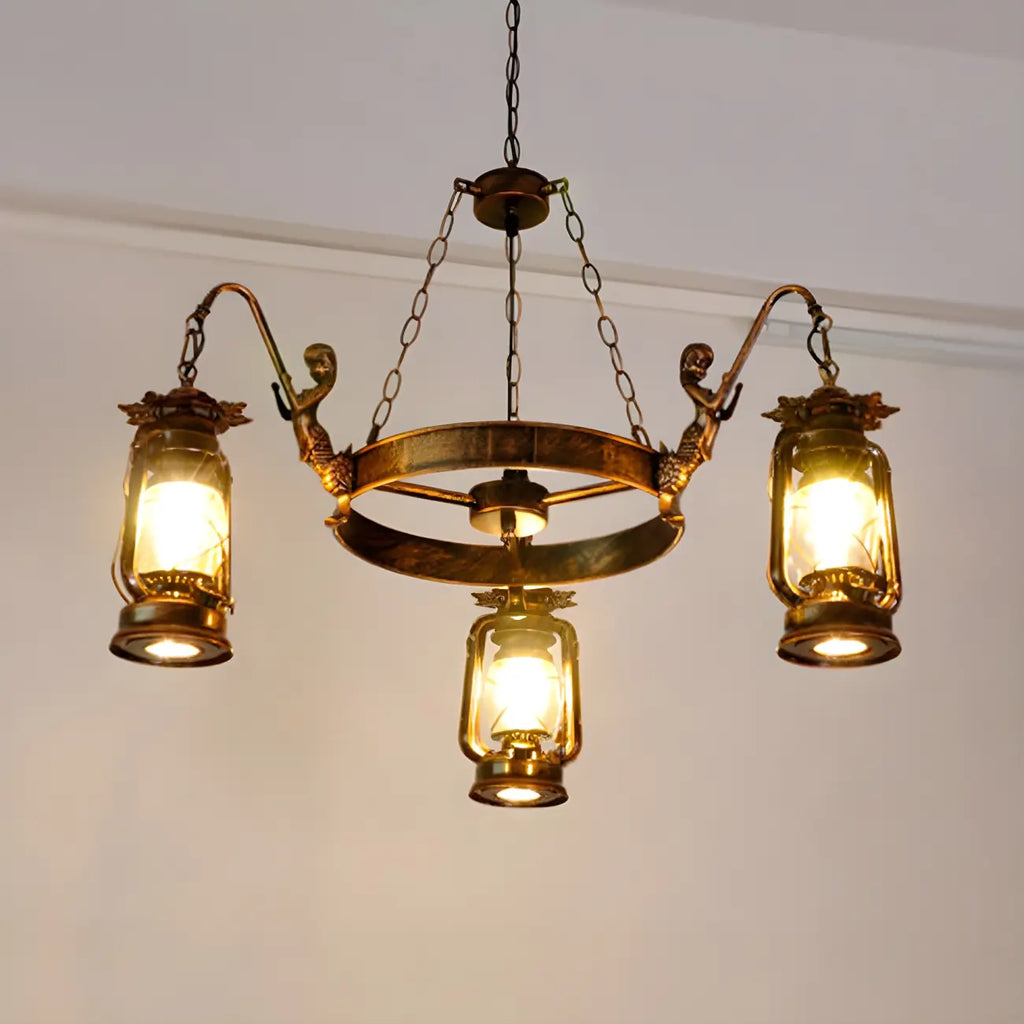 Lustre suspendu vintage réglable en fonte et cuivre, fonctionnant au kérosène, avec verre transparent