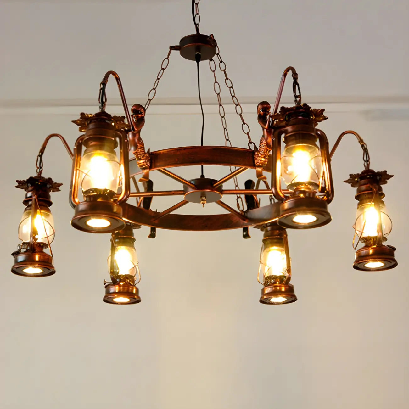 Lustre suspendu vintage réglable en fonte et cuivre, fonctionnant au kérosène, avec verre transparent