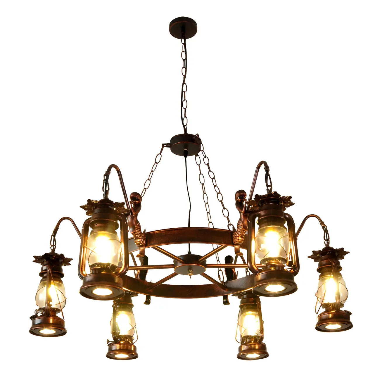 Lustre suspendu vintage réglable en fonte et cuivre, fonctionnant au kérosène, avec verre transparent