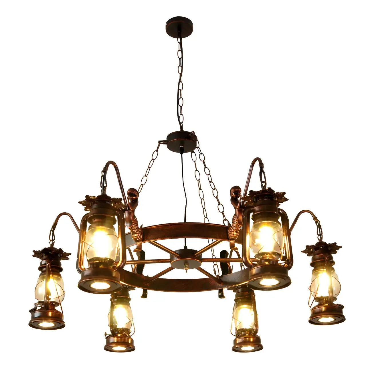 Lustre suspendu vintage réglable en fonte et cuivre, fonctionnant au kérosène, avec verre transparent