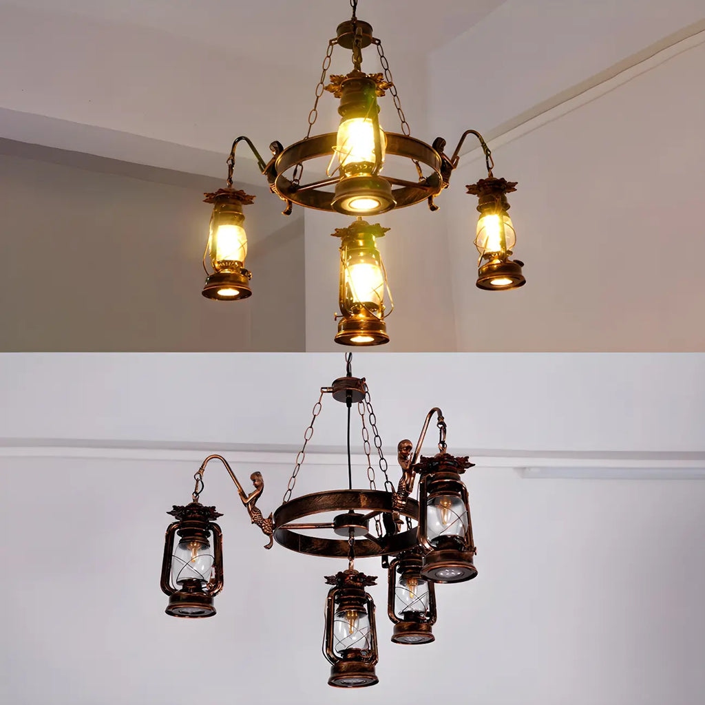 Lustre suspendu vintage réglable en fonte et cuivre, fonctionnant au kérosène, avec verre transparent