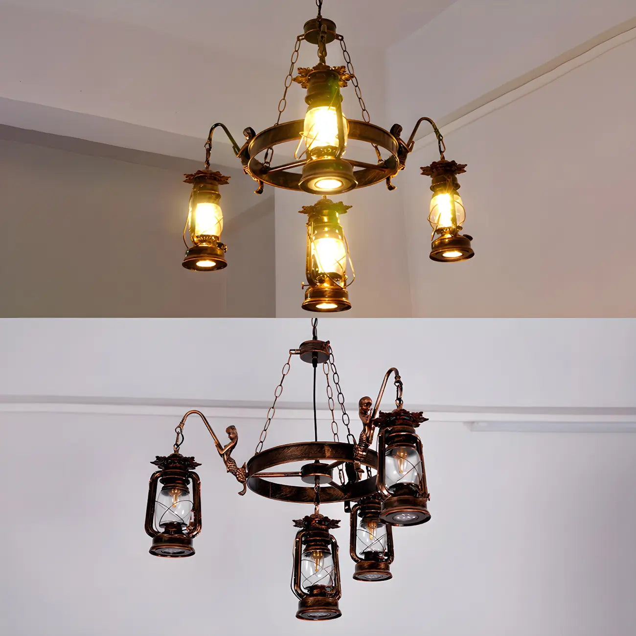 Lustre suspendu vintage réglable en fonte et cuivre, fonctionnant au kérosène, avec verre transparent