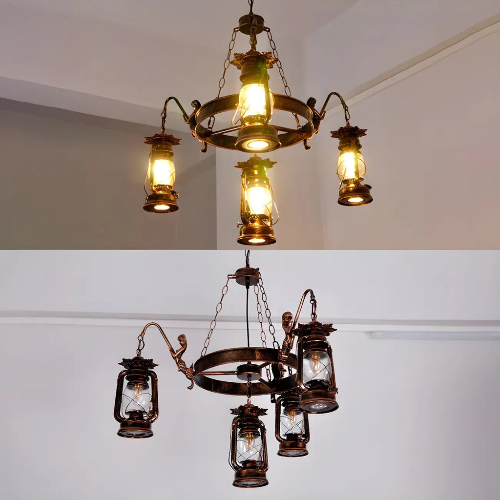 Lustre suspendu vintage réglable en fonte et cuivre, fonctionnant au kérosène, avec verre transparent