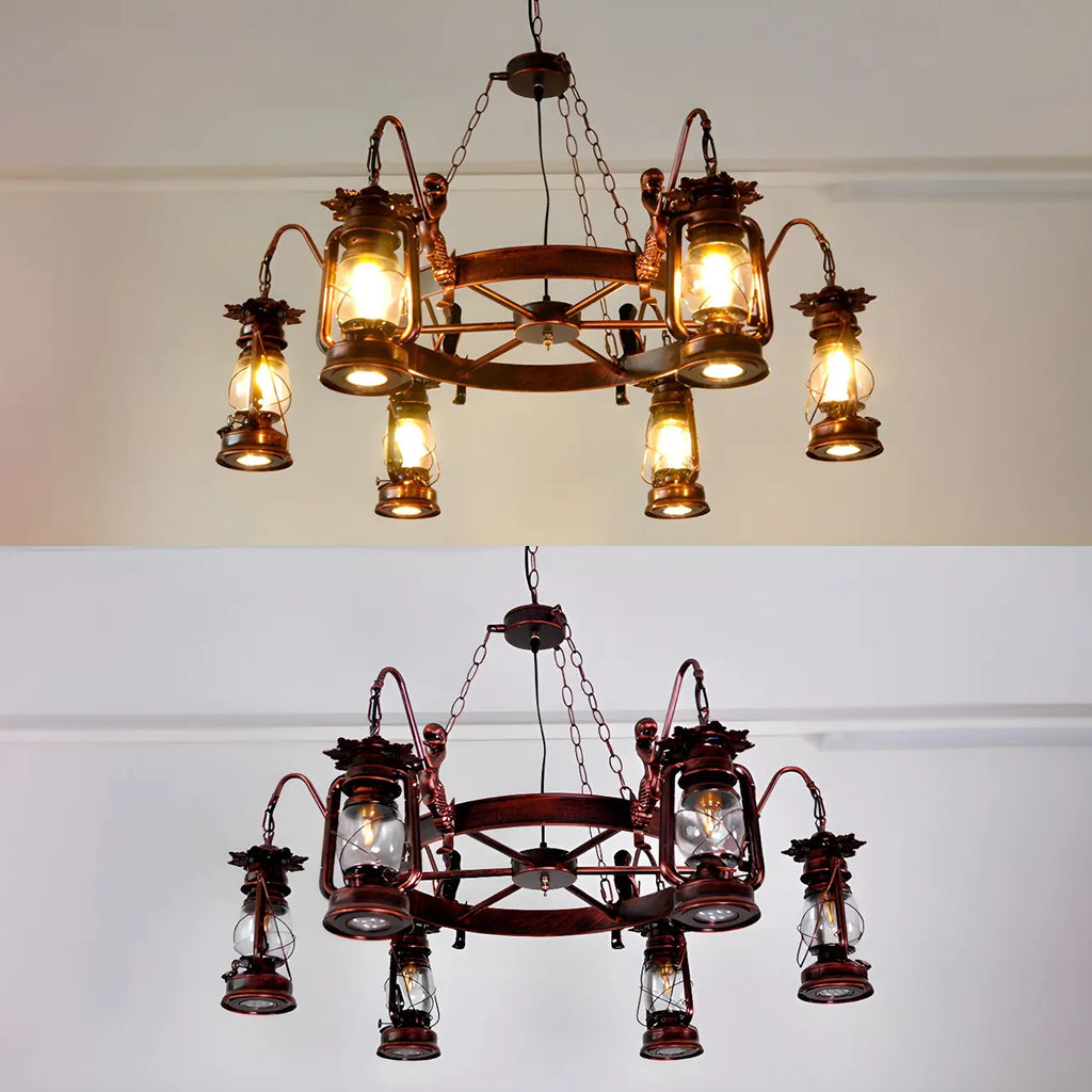 Lustre suspendu vintage réglable en fonte et cuivre, fonctionnant au kérosène, avec verre transparent